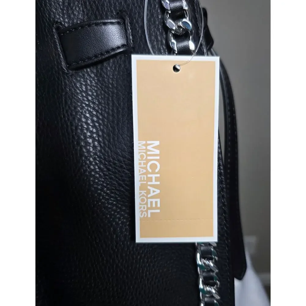 NEW Michael Kors MK Black Mina Large Chain Belted Vegan Leather Shoulder Bag